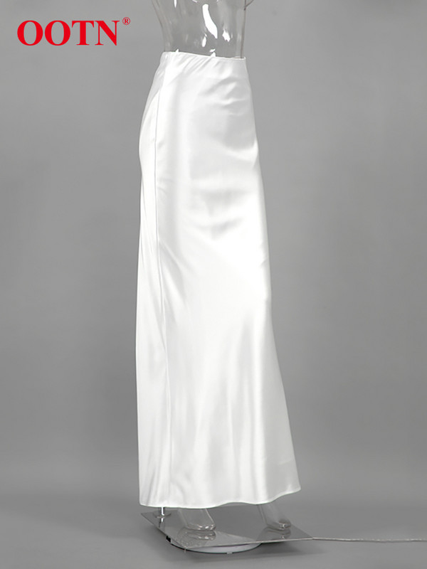 OOTN elegáns fehér magas derekú trombitaszoknyák Street Chic szatén hosszú szoknyák női őszi poliészter földig érő selyemszoknya 2023