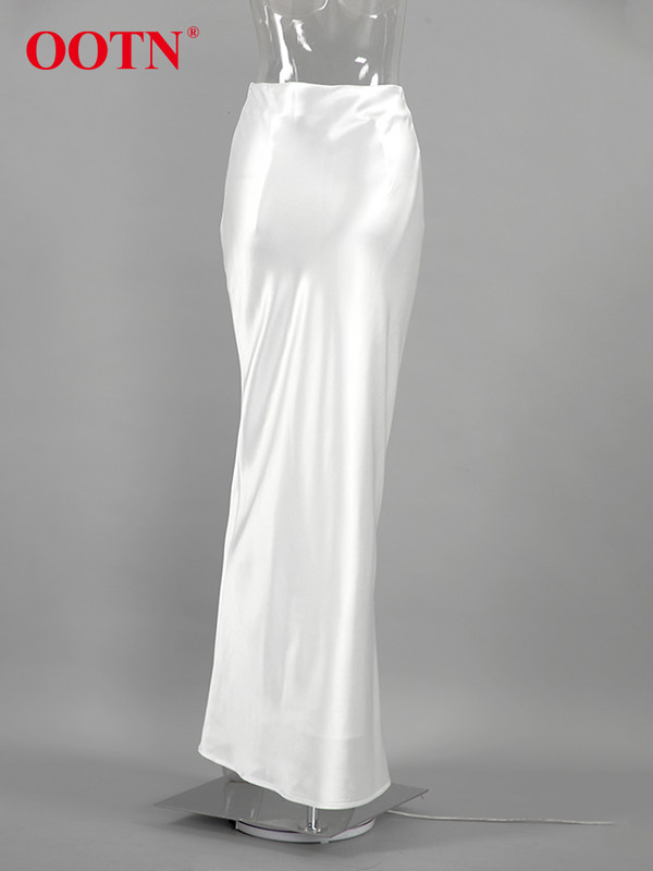 OOTN elegáns fehér magas derekú trombitaszoknyák Street Chic szatén hosszú szoknyák női őszi poliészter földig érő selyemszoknya 2023