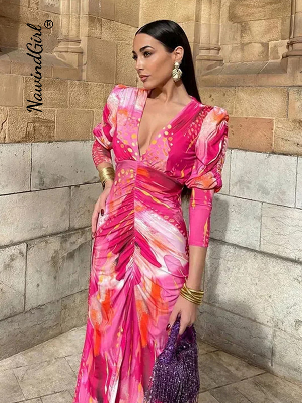 Elegáns, mintás, hajtogatott ruha női hajtogatott, vékony V-nyakú, hosszú ujjú, Bodycon ruhák női 2024 tavaszi Empire Lady Party Vestidos