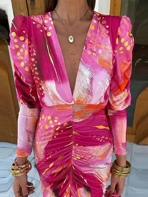 Elegáns, mintás, hajtogatott ruha női hajtogatott, vékony V-nyakú, hosszú ujjú, Bodycon ruhák női 2024 tavaszi Empire Lady Party Vestidos