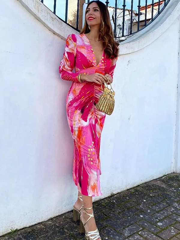 Elegáns, mintás, hajtogatott ruha női hajtogatott, vékony V-nyakú, hosszú ujjú, Bodycon ruhák női 2024 tavaszi Empire Lady Party Vestidos