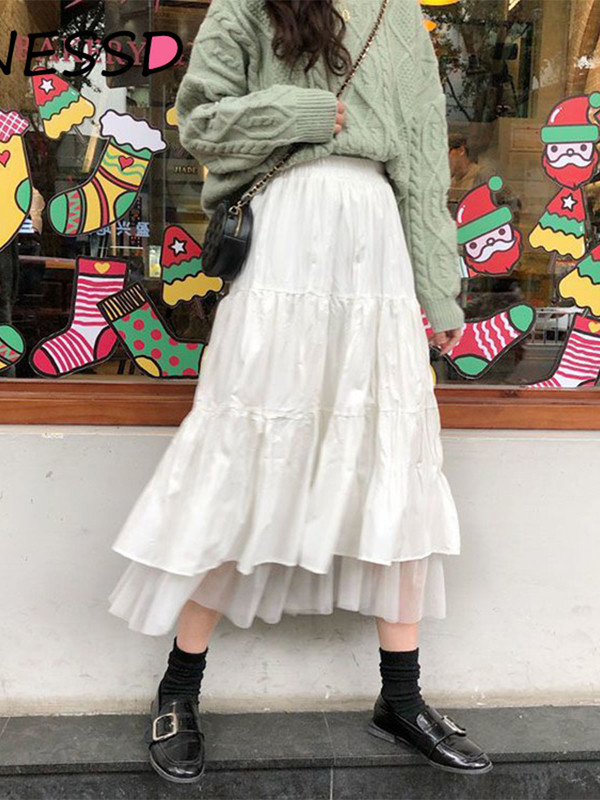 Hosszú tüll midi szoknyák női 2023 őszi rugalmas, magas derekú hálós tutu redőzött szoknyák női fekete fehér hosszú szoknya utcai viselet