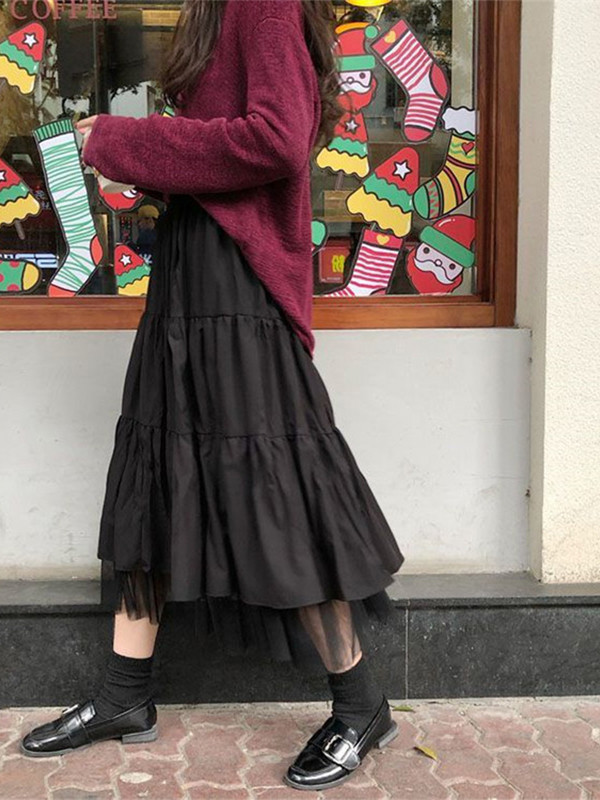 Hosszú tüll midi szoknyák női 2023 őszi rugalmas, magas derekú hálós tutu redőzött szoknyák női fekete fehér hosszú szoknya utcai viselet