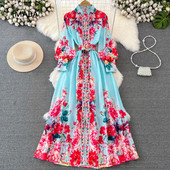 Őszi női vintage virágos palota hosszú ruha póló nyakú lámpás ujjú egysoros öv etnikai stílusú ünnepi köntös nagy méretű