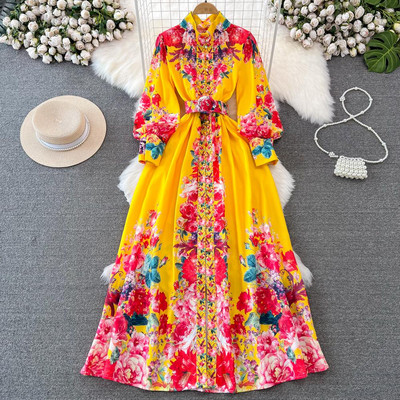 Őszi női vintage virágos palota hosszú ruha póló nyakú lámpás ujjú egysoros öv etnikai stílusú ünnepi köntös nagy méretű