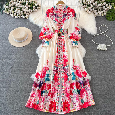 Őszi női vintage virágos palota hosszú ruha póló nyakú lámpás ujjú egysoros öv etnikai stílusú ünnepi köntös nagy méretű
