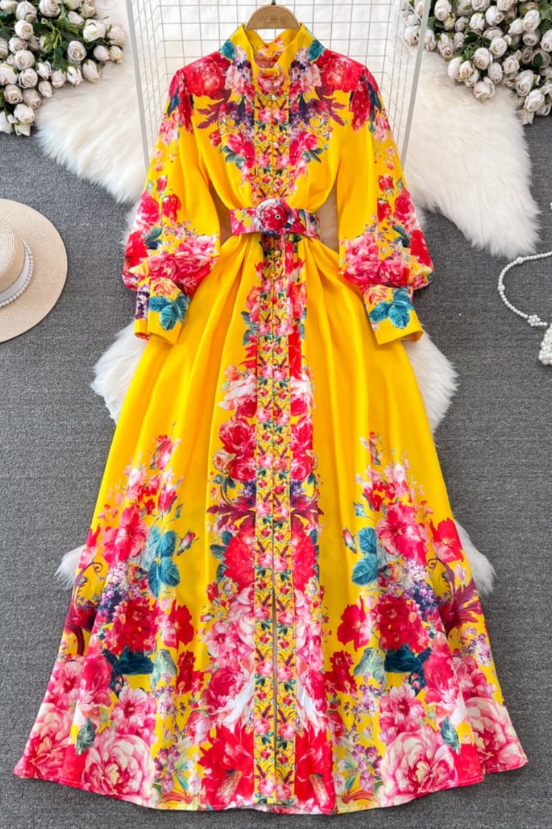 Őszi női vintage virágos palota hosszú ruha póló nyakú lámpás ujjú egysoros öv etnikai stílusú ünnepi köntös nagy méretű