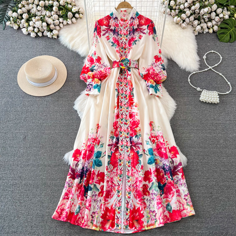 Őszi női vintage virágos palota hosszú ruha póló nyakú lámpás ujjú egysoros öv etnikai stílusú ünnepi köntös nagy méretű