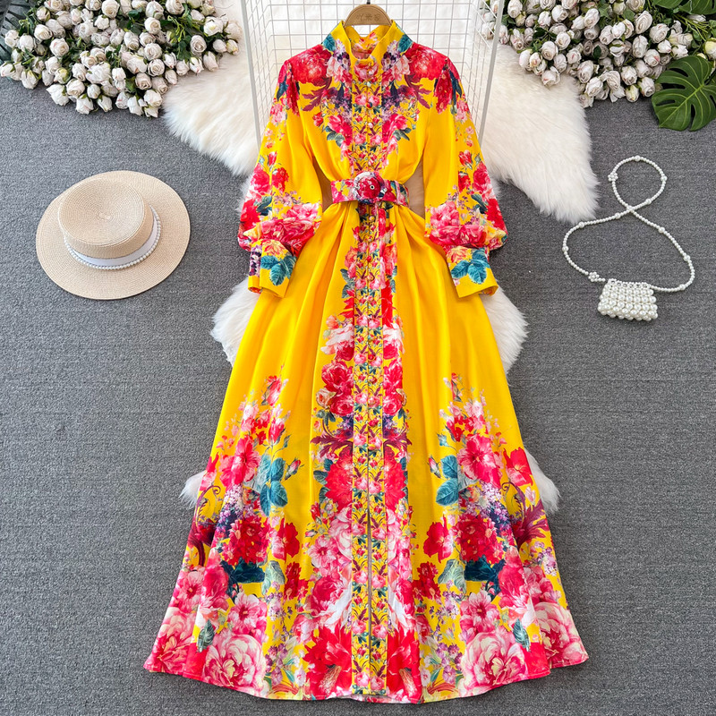 Őszi női vintage virágos palota hosszú ruha póló nyakú lámpás ujjú egysoros öv etnikai stílusú ünnepi köntös nagy méretű