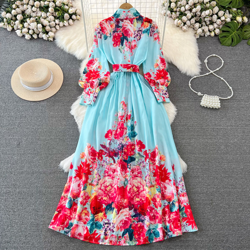 Őszi női vintage virágos palota hosszú ruha póló nyakú lámpás ujjú egysoros öv etnikai stílusú ünnepi köntös nagy méretű