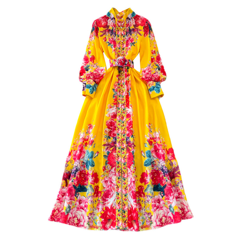 Őszi női vintage virágos palota hosszú ruha póló nyakú lámpás ujjú egysoros öv etnikai stílusú ünnepi köntös nagy méretű