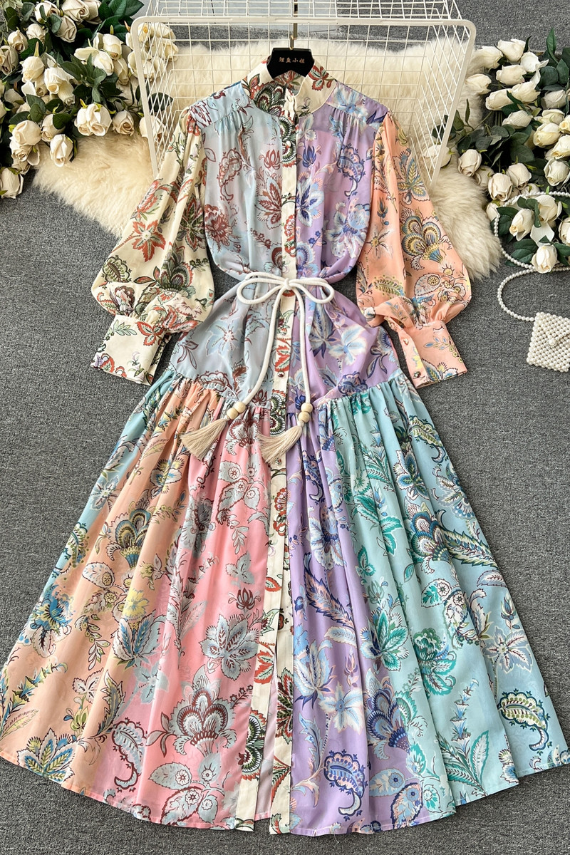 2024 tavaszi tervezői ünnep sifon virágos hosszú ruha női álló gallér Lámpás ujjú övgomb laza alkalmi köntös vakáció