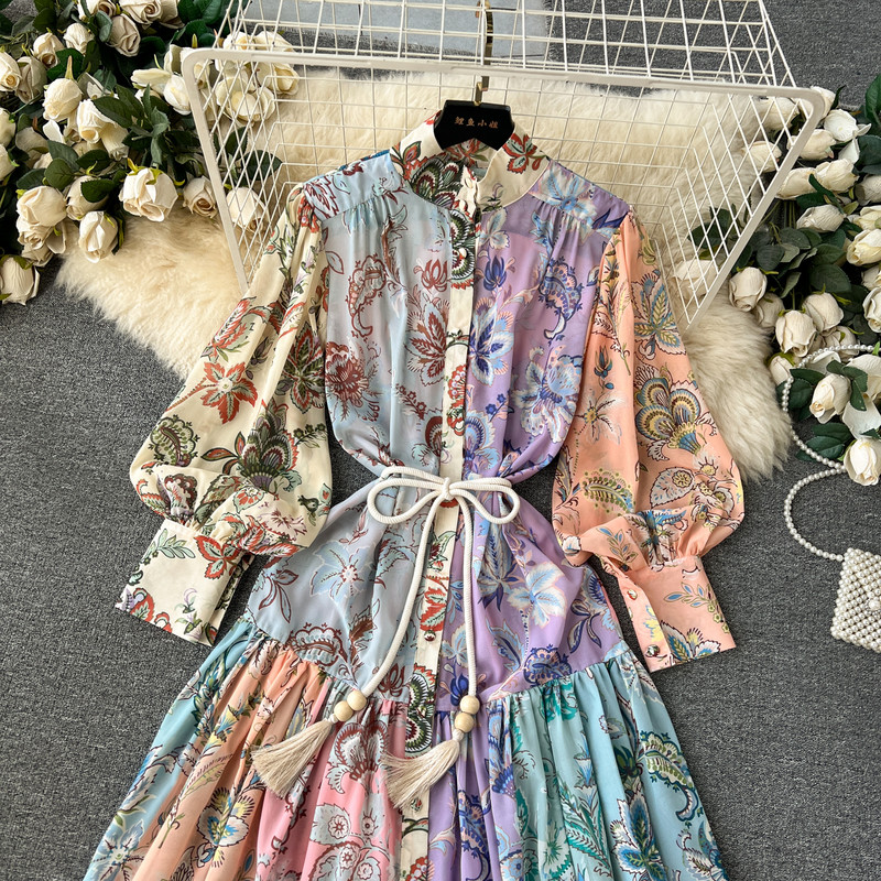 2024 tavaszi tervezői ünnep sifon virágos hosszú ruha női álló gallér Lámpás ujjú övgomb laza alkalmi köntös vakáció