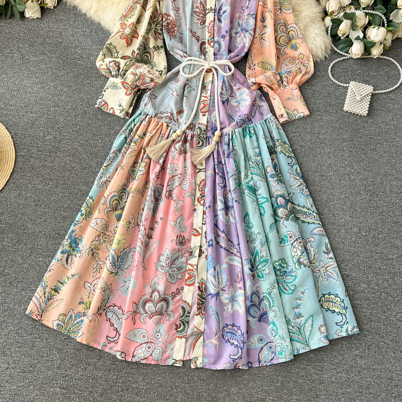 2024 tavaszi tervezői ünnep sifon virágos hosszú ruha női álló gallér Lámpás ujjú övgomb laza alkalmi köntös vakáció