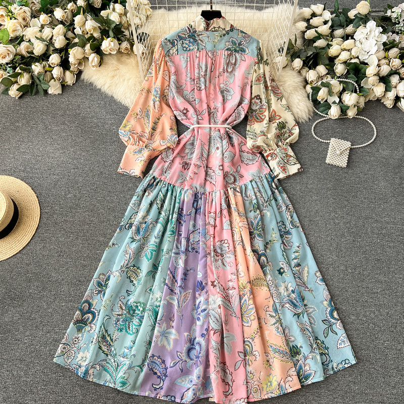 2024 tavaszi tervezői ünnep sifon virágos hosszú ruha női álló gallér Lámpás ujjú övgomb laza alkalmi köntös vakáció