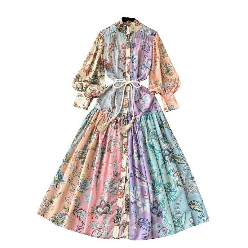 2024 tavaszi tervezői ünnep sifon virágos hosszú ruha női álló gallér Lámpás ujjú övgomb laza alkalmi köntös vakáció