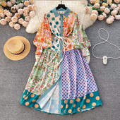 2024 Fashion Flower Print Dot Patchwork Μακρύ Φόρεμα Γυναικείο μακρυμάνικο φανάρι με κουμπί Πανέμορφο φόρεμα για πάρτι με επίδεσμο για διακοπές