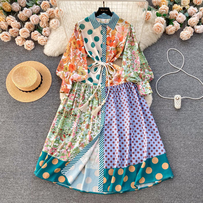 2024 Fashion Flower Print Dot Patchwork Μακρύ Φόρεμα Γυναικείο μακρυμάνικο φανάρι με κουμπί Πανέμορφο φόρεμα για πάρτι με επίδεσμο για διακοπές
