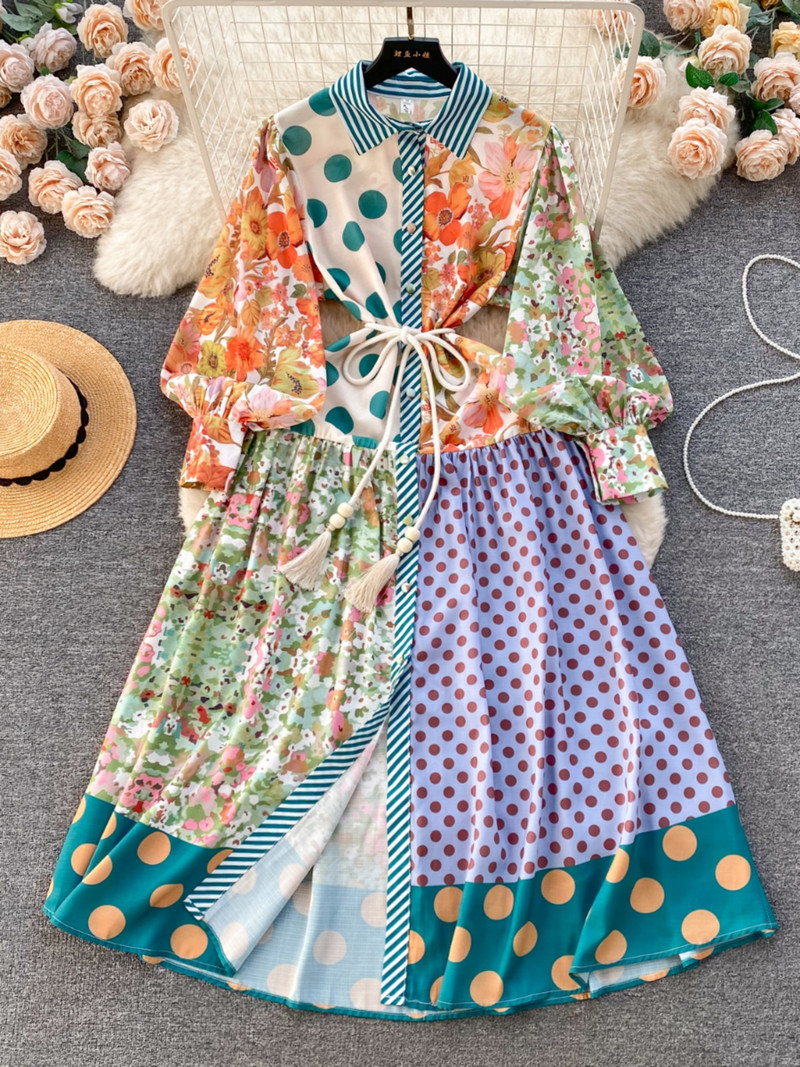 2024-es divatos virágmintás pöttyfoltos hosszú ruha női hosszú, lámpás ujjú, gombos, gyönyörű parti kötszeres ruha vakációs ruha