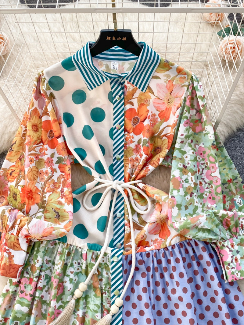 2024-es divatos virágmintás pöttyfoltos hosszú ruha női hosszú, lámpás ujjú, gombos, gyönyörű parti kötszeres ruha vakációs ruha