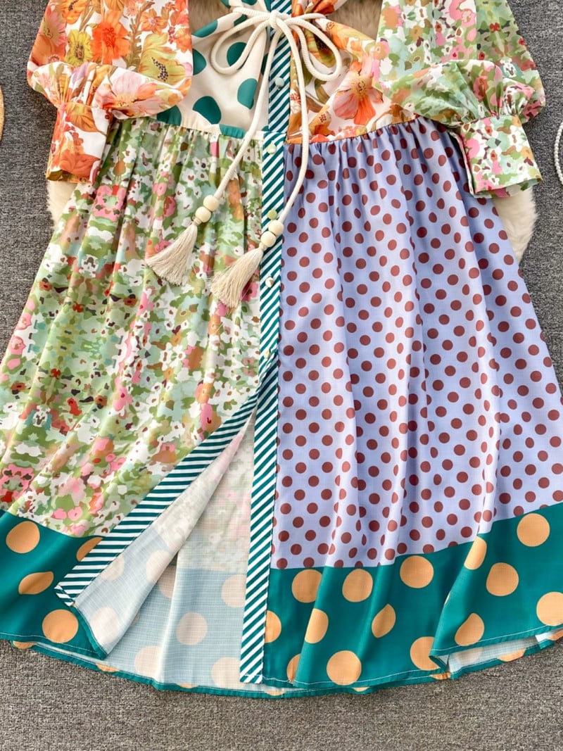 2024-es divatos virágmintás pöttyfoltos hosszú ruha női hosszú, lámpás ujjú, gombos, gyönyörű parti kötszeres ruha vakációs ruha