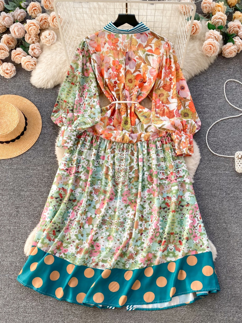 2024-es divatos virágmintás pöttyfoltos hosszú ruha női hosszú, lámpás ujjú, gombos, gyönyörű parti kötszeres ruha vakációs ruha