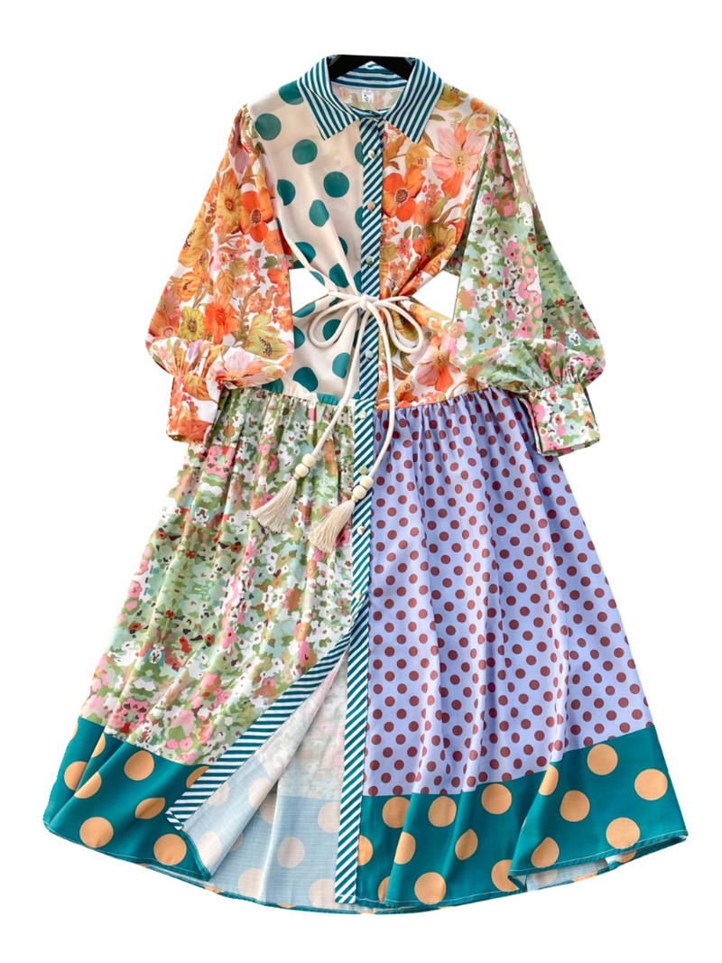 2024-es divatos virágmintás pöttyfoltos hosszú ruha női hosszú, lámpás ujjú, gombos, gyönyörű parti kötszeres ruha vakációs ruha