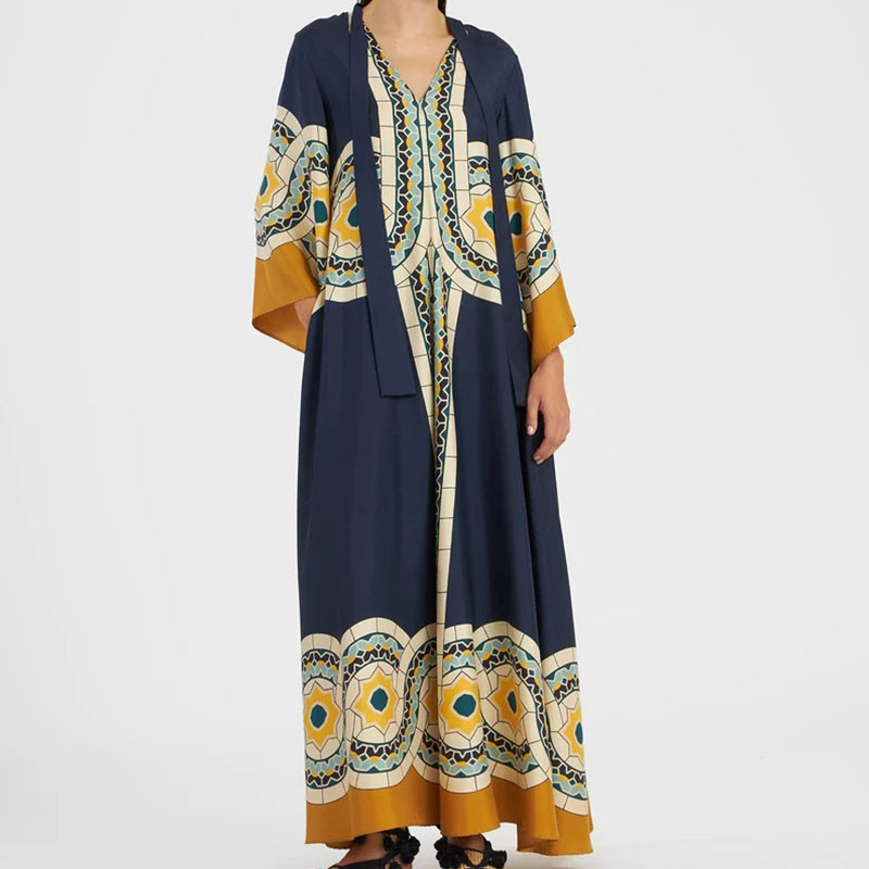 Divat, álló galléros buliruha Elegáns tavaszi mintás bő köntös ruha 2024-es női 3/4 ujjú, csokorkötős, üreges hátú maxi ruha