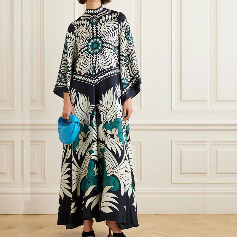 Divat, álló galléros buliruha Elegáns tavaszi mintás bő köntös ruha 2024-es női 3/4 ujjú, csokorkötős, üreges hátú maxi ruha
