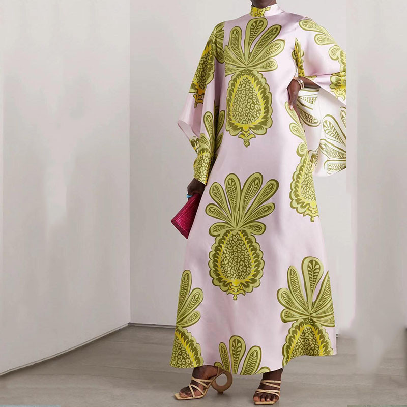 Divat, álló galléros buliruha Elegáns tavaszi mintás bő köntös ruha 2024-es női 3/4 ujjú, csokorkötős, üreges hátú maxi ruha