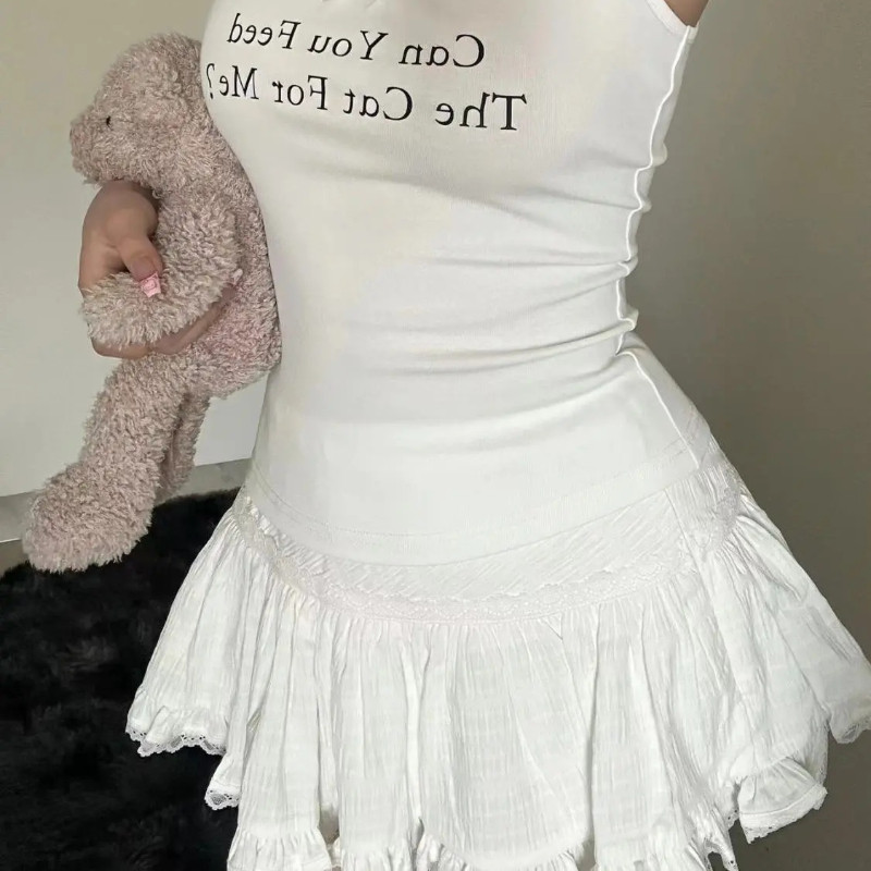 DEEPTOWN Coquette miniszoknya női nyári Y2k csipkehálós patchwork szexi magas derekú A-vonalú Kawaii fehér fodros szoknya Fairycore