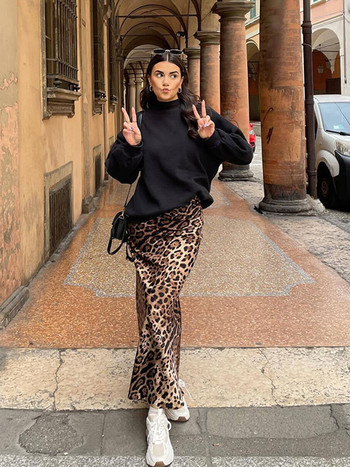 Μόδα Leopard Printing μακριές φούστες για γυναίκες Κομψές φαρδιά μίντι φούστες με ψηλή μέση Γυναικεία καλοκαιρινά κομψά Lady casual streetwear