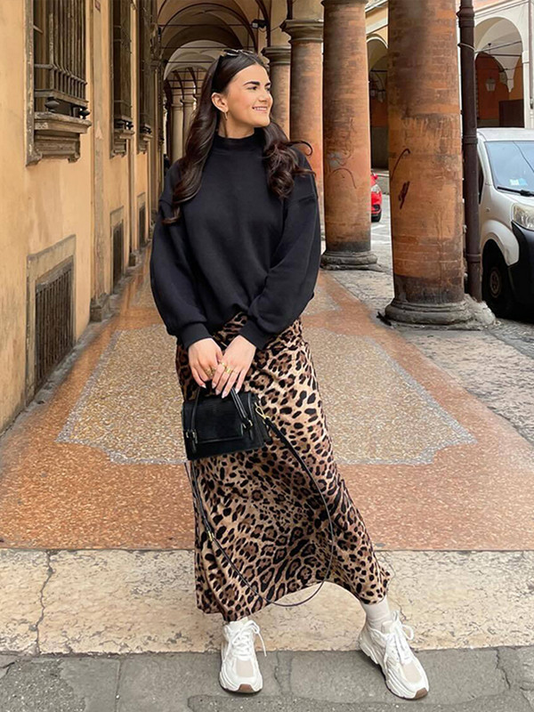 Divatos leopárdmintás hosszú szoknyák nőknek Elegáns bő, magas derekú midiszoknyák Női Nyári Elegáns Hölgyi Alkalmi utcai ruházat