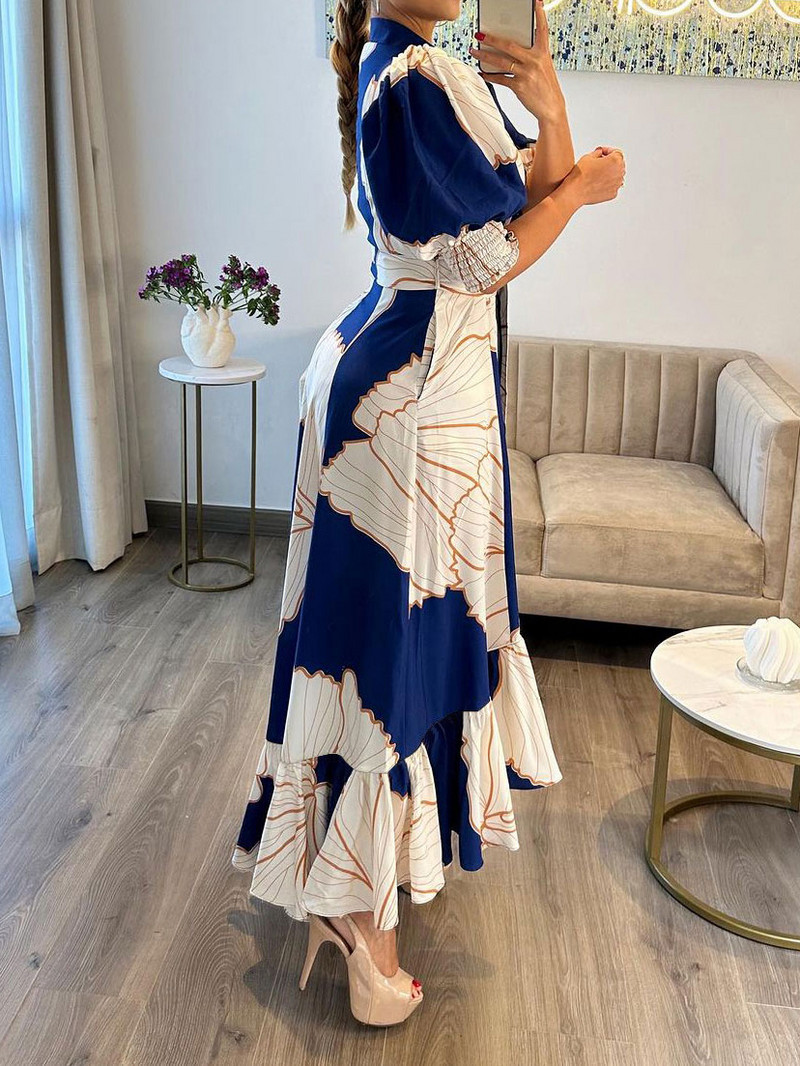 Női virágmintás hosszú ruha nyári alkalmi, lehajtható gallérral fél ujjú, bő, nagy lengőruha női vintage strand maxi ruha