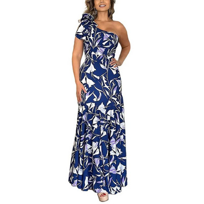 Καλοκαιρινά κομψά στάμπα με έναν ώμο Vintage Floral Navy Αμάνικα A γραμμή Φορέματα Μακριά Γυναικεία Maxi Ρούχα
