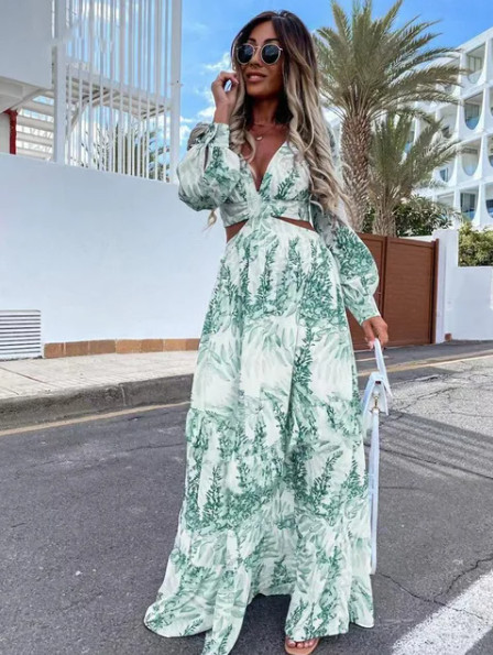 Tavaszi őszi új ruha Női divat nyomott V-nyakú, puffos ujjú ruha Női szexi vájt magas derekú elegáns ruha