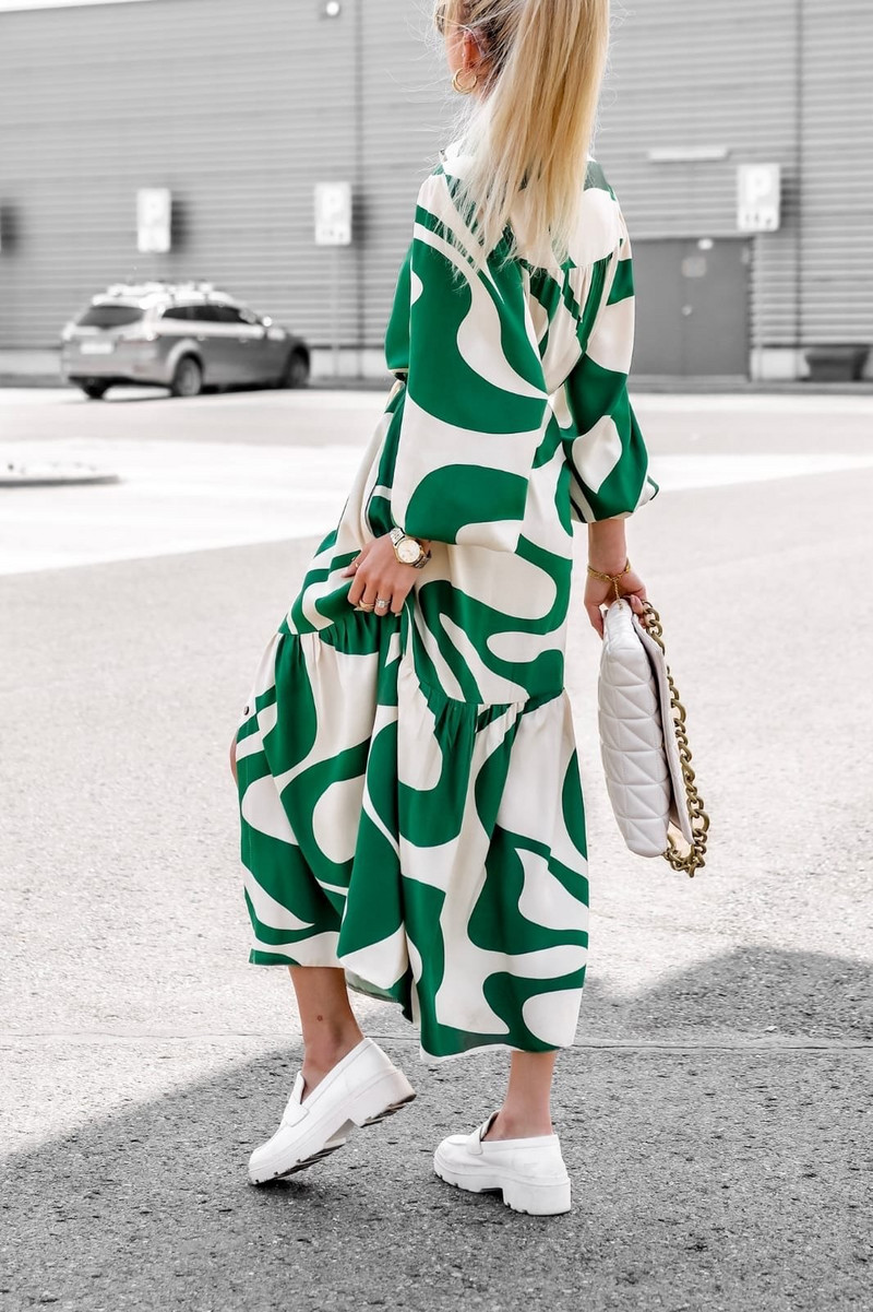 Vintage mintás maxi ruha nőknek Casua hosszú ujjú gombok, fűzős, bő irodai női ingek ruha tavaszi őszi buli Vestido