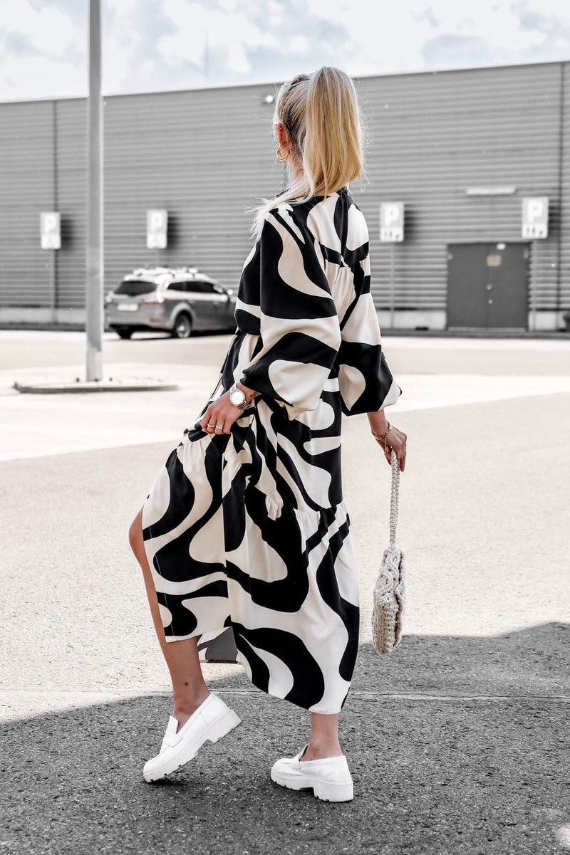 Vintage mintás maxi ruha nőknek Casua hosszú ujjú gombok, fűzős, bő irodai női ingek ruha tavaszi őszi buli Vestido