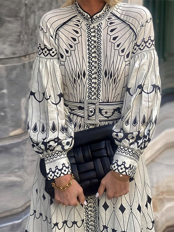 Női állógallérral nyomtatott midi ruha övvel, divatos, hosszú ujjú, A-vonalú ruhák, 2024-es női alkalmi High Street Vestidos