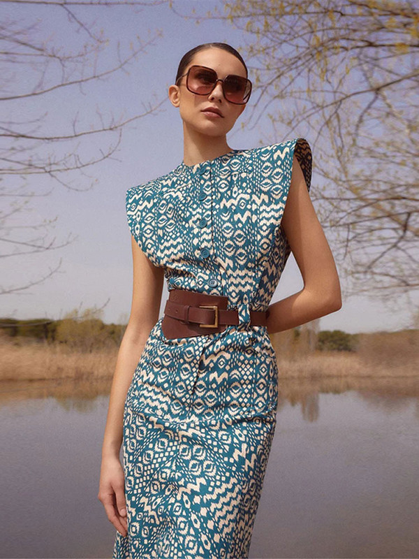 Női Vintage nyomtatott, vékony középső ruhák Elegáns O nyakú, ujjatlan gombos ruha 2024-es új nyári női irodai ingázáshoz