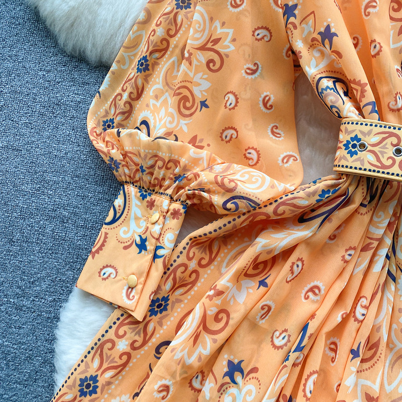 Elegáns mintás patchwork, hosszú ujjú, egysoros ruha A-vonalú, magas derekú, vakációs buli női francia őszi ruhák