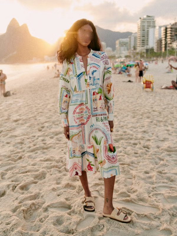 Női vászon nyomott, fodros szegélyű ruhák, hosszú ujjú, O-nyakú, bő tengerparti ünnepi parti ruha 2024 tavaszi őszi A-vonalú lenge köntös