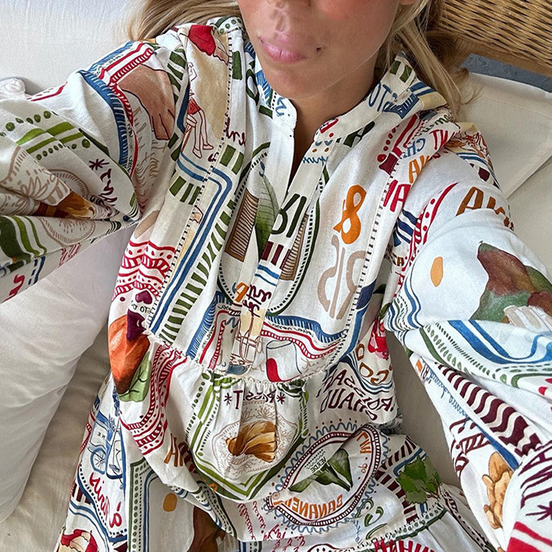 Női vászon nyomott, fodros szegélyű ruhák, hosszú ujjú, O-nyakú, bő tengerparti ünnepi parti ruha 2024 tavaszi őszi A-vonalú lenge köntös