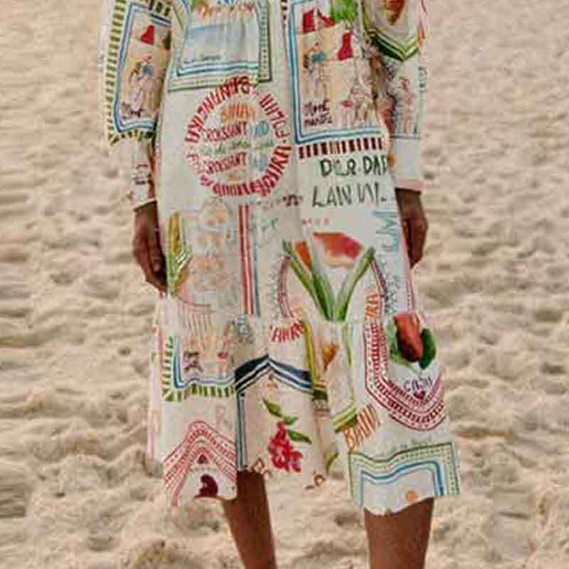 Női vászon nyomott, fodros szegélyű ruhák, hosszú ujjú, O-nyakú, bő tengerparti ünnepi parti ruha 2024 tavaszi őszi A-vonalú lenge köntös