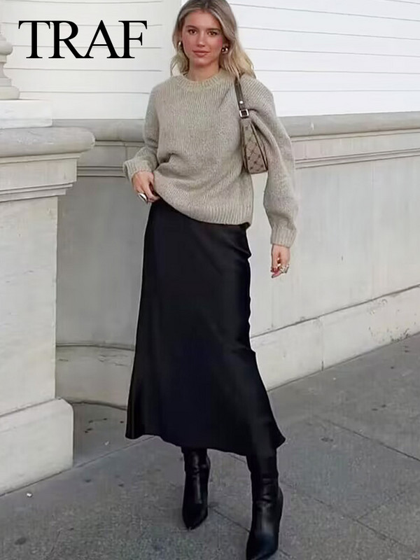 TRAF 2024 női szatén szoknya, magas derekú midi szoknya Stílusos hosszú női szoknya Divatos, elegáns és elegáns női szoknya utcai viselet