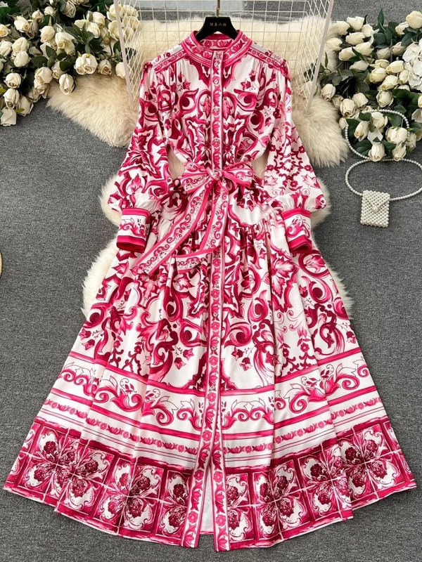 Kifutópálya Piros Kék-fehér Porcelán Nyomtatás Ünnepi Maxi Ruha Női Állvány Egysoros, Bő fűzős Öv Hosszú Köntös Vestido