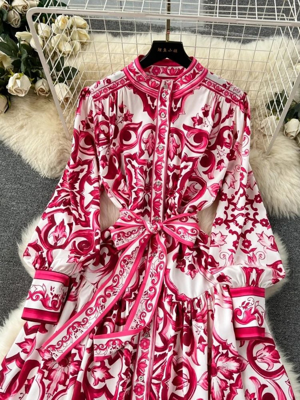 Kifutópálya Piros Kék-fehér Porcelán Nyomtatás Ünnepi Maxi Ruha Női Állvány Egysoros, Bő fűzős Öv Hosszú Köntös Vestido