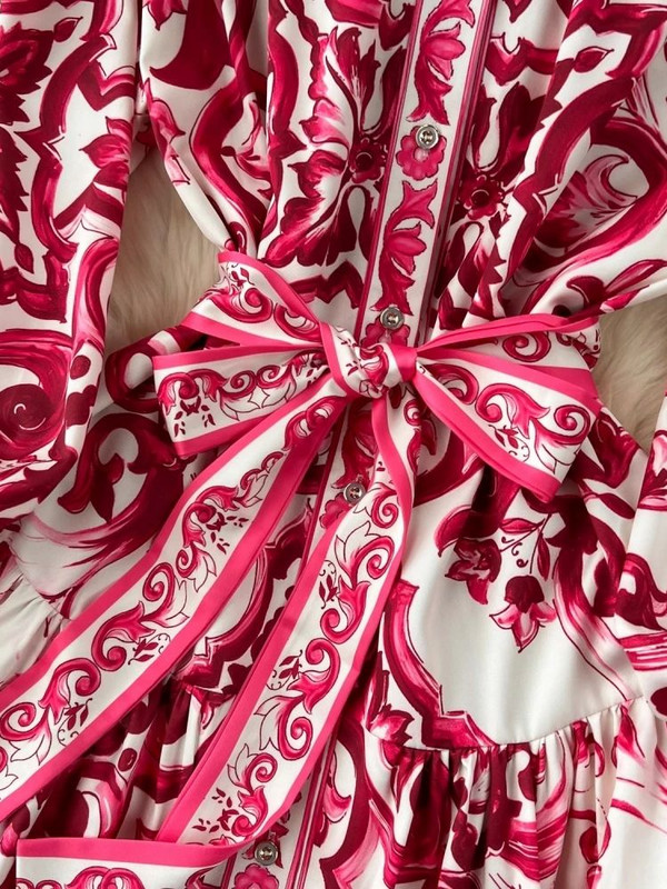 Kifutópálya Piros Kék-fehér Porcelán Nyomtatás Ünnepi Maxi Ruha Női Állvány Egysoros, Bő fűzős Öv Hosszú Köntös Vestido