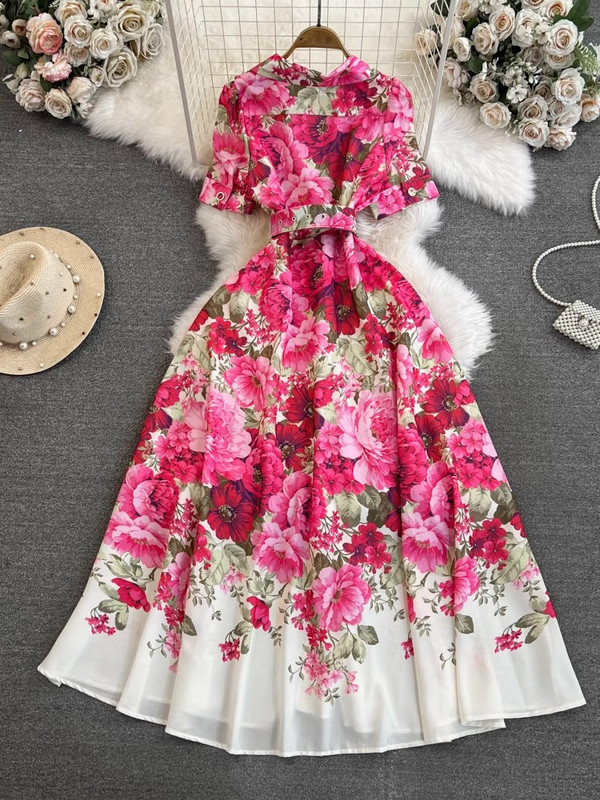 Nyári ünnep virágmintás köntös ruha rövid ujjú, rovátkolt A vonalas öv Beach Party Vestidos gombokkal lefelé női maxi ruhák