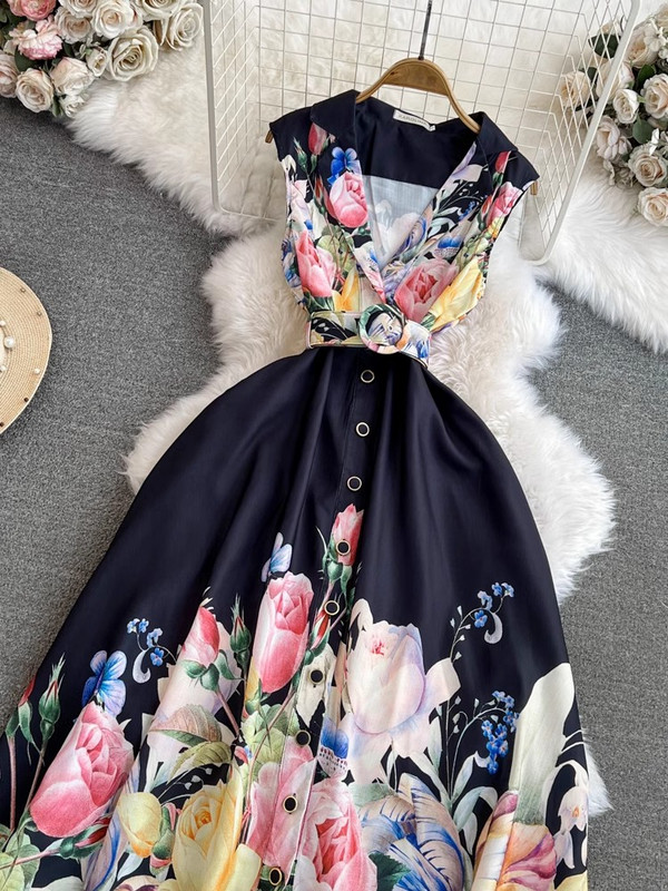 Elegáns nyári nyomtatás Virágos hosszú ruha, ujjatlan női, hornyolt egysoros öv, strandparti Vestidos vászonruházat